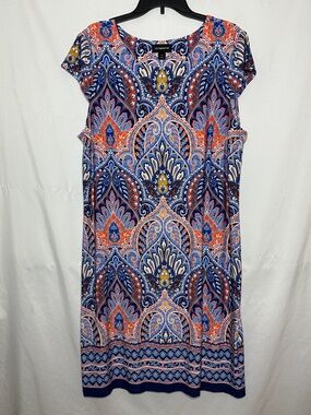 Liz Claiborne Blue & Orange Printed Cap-Sleeve Midi Dress